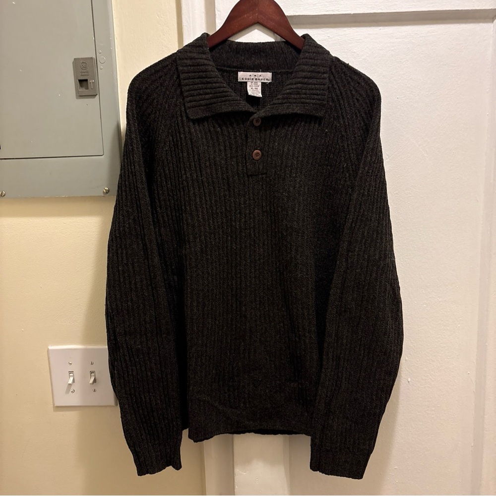Eddie Bauer Dark Charcoal Ribbed V-Neck Sweater with Button Placket